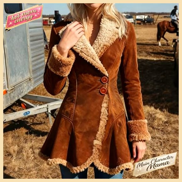 Slim-Fit Faux Leather Sherpa Lined Jacket, Waterproof Winter Coat, Button - Picture 2 of 7